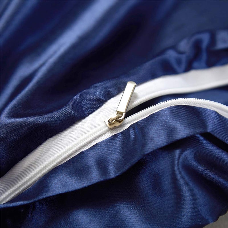 AiMay 3 Piece Satin Duvet Cover Set (1 Duvet Cover + 2 Pillowcases) Rich Silk Luxury 100% Super Soft Microfiber Bedding Collection Reversible Stain-Resistant Wrinkle Free (Queen, Navy Blue) - Image 5